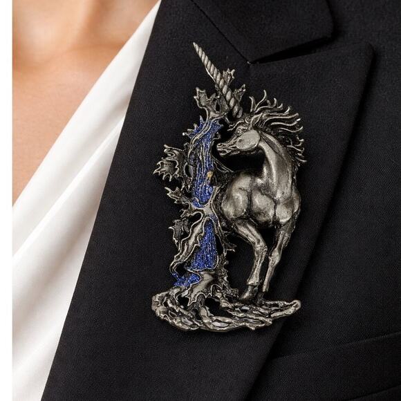 Vintage Jewelry - JJ Vintage Unicorn Pewter Brooch Blue Enamel Fantasy Statement Pin